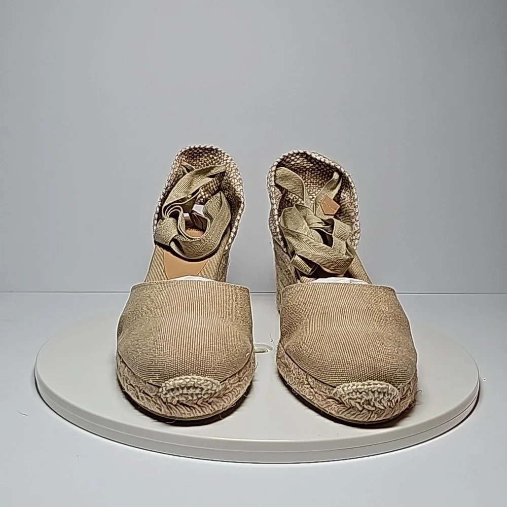 NWB Castaner Carina Sand Canvas Espadrille Wedge Ankle Tie Sandals 10 Jute Heels